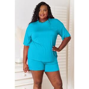 BASIC BAE Sky Blue Two Piece Soft Rayon Half Sleeve Top Shorts Set Casual NEW 2X